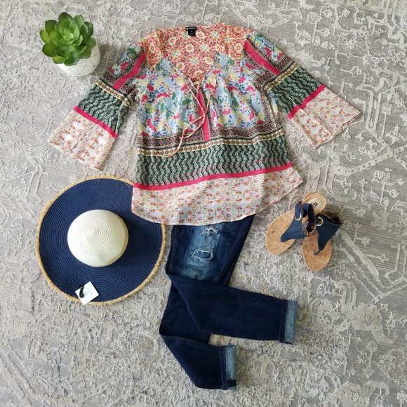 New Directions Brand Top Blouse Boho Multi-Color Floral Print Size 0X - Picture 5 of 11